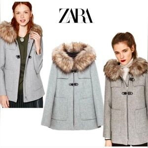 Zara Women's Gray Wool Blend Coat With Fur Hood